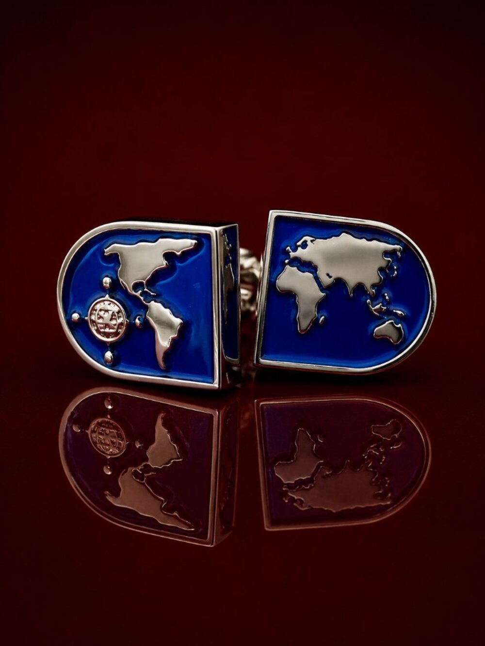 Blue World Map Cufflinks Links Father's Day Travel Geography Explorer Gift Silve